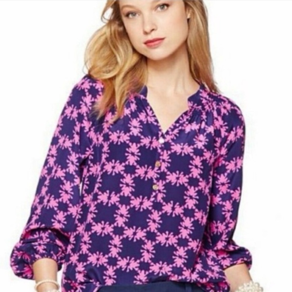 Lilly‎ Pulitzer Get Hoppy Frog Top Navy Pink Frogs 100% silk XS